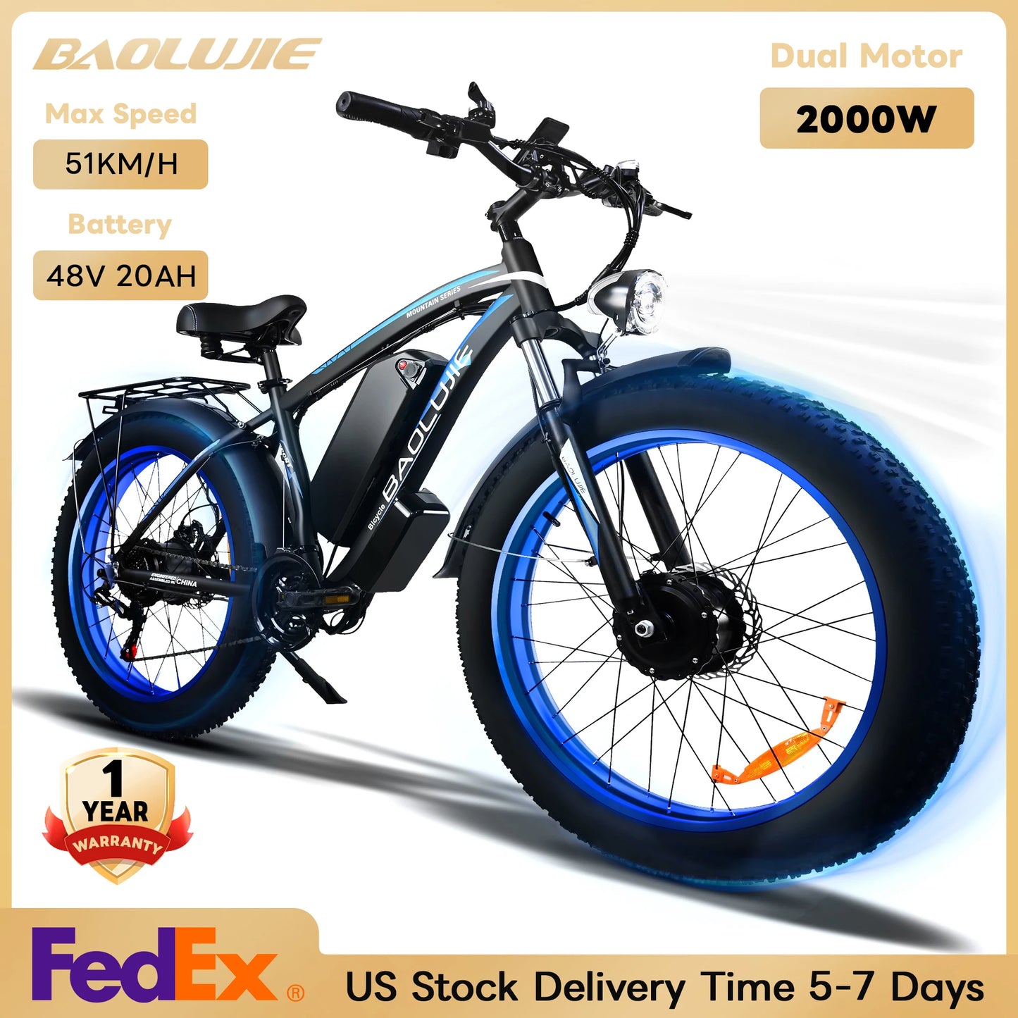 Baolujie 26" 2000W Electric Mountain Bike